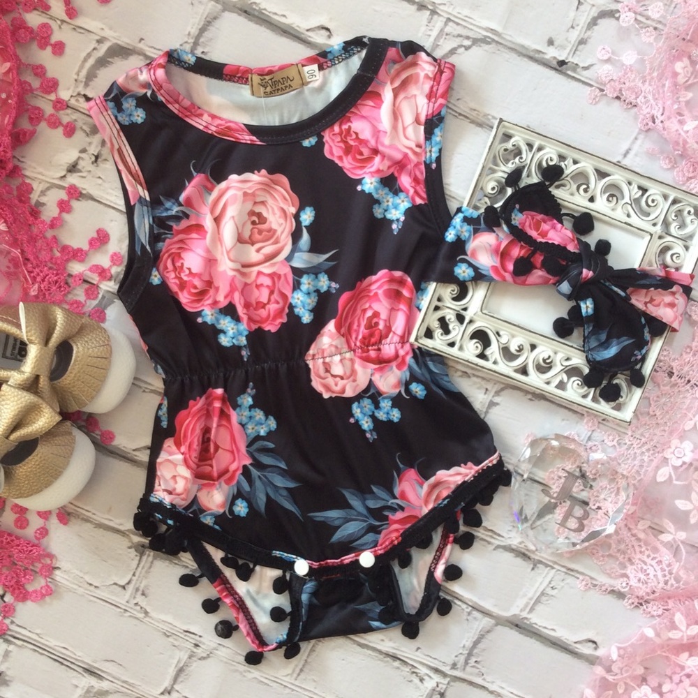 Boutique Baby Girl Pom Pom Romper & Headband